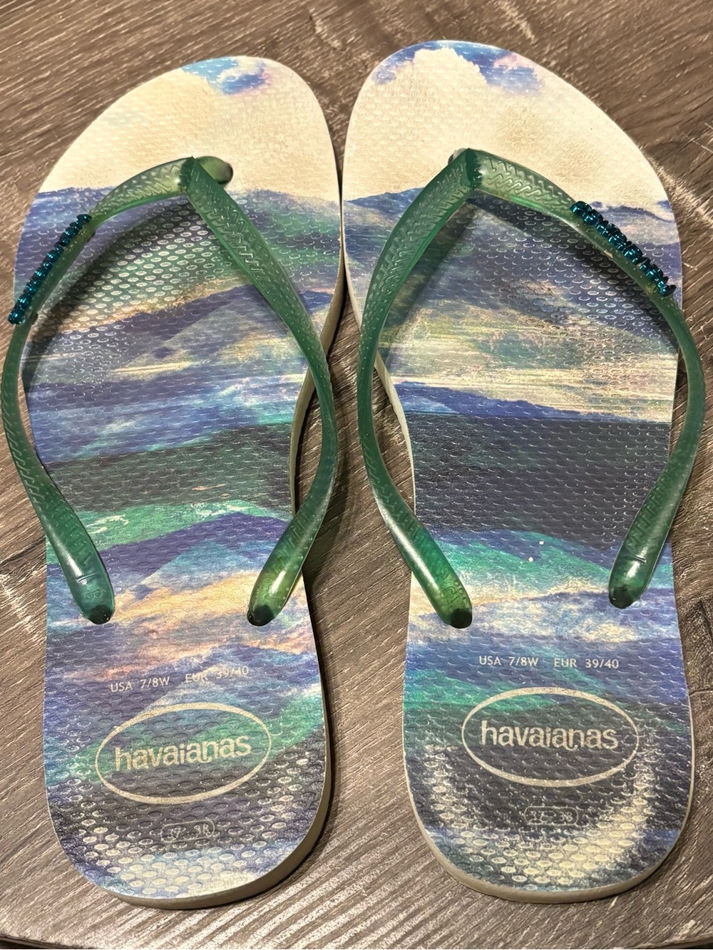 Havaianas Green Strap Blue-Green Marble Flip Flops Size 7/8